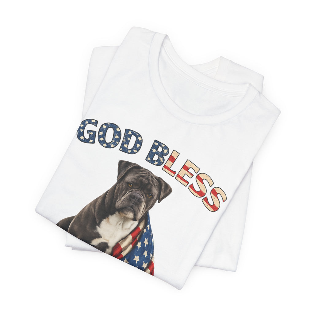 Patriotic Bulldog Tee – "God Bless America" USA Flag Dog T-Shirt