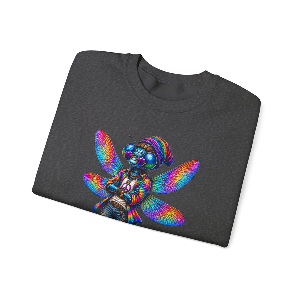 Neon Dragonfly Crewneck Sweatshirt — Rainbow Cyberpunk Kitty Graphic