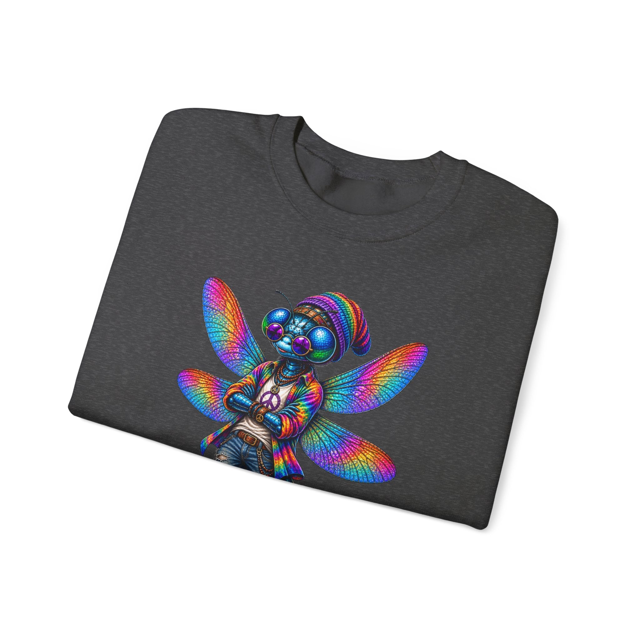 Neon Dragonfly Crewneck Sweatshirt — Rainbow Cyberpunk Kitty Graphic