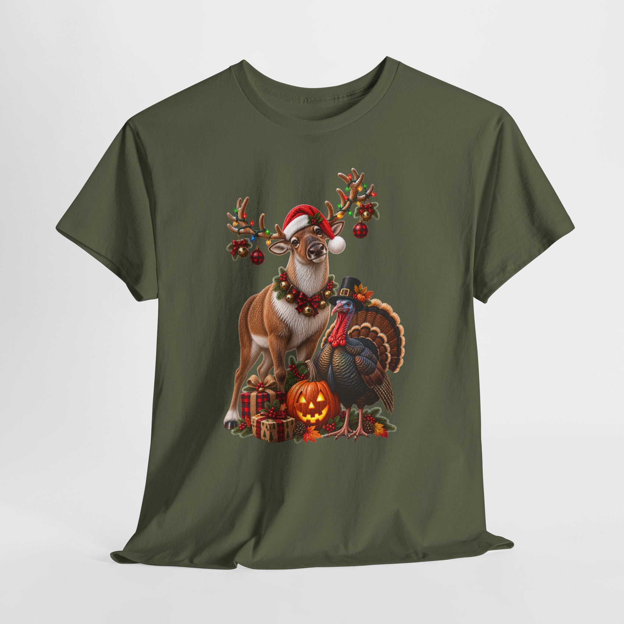 Holiday Mashup Tee — Reindeer with Turkey, Santa Hat & Jack-O’-Lantern