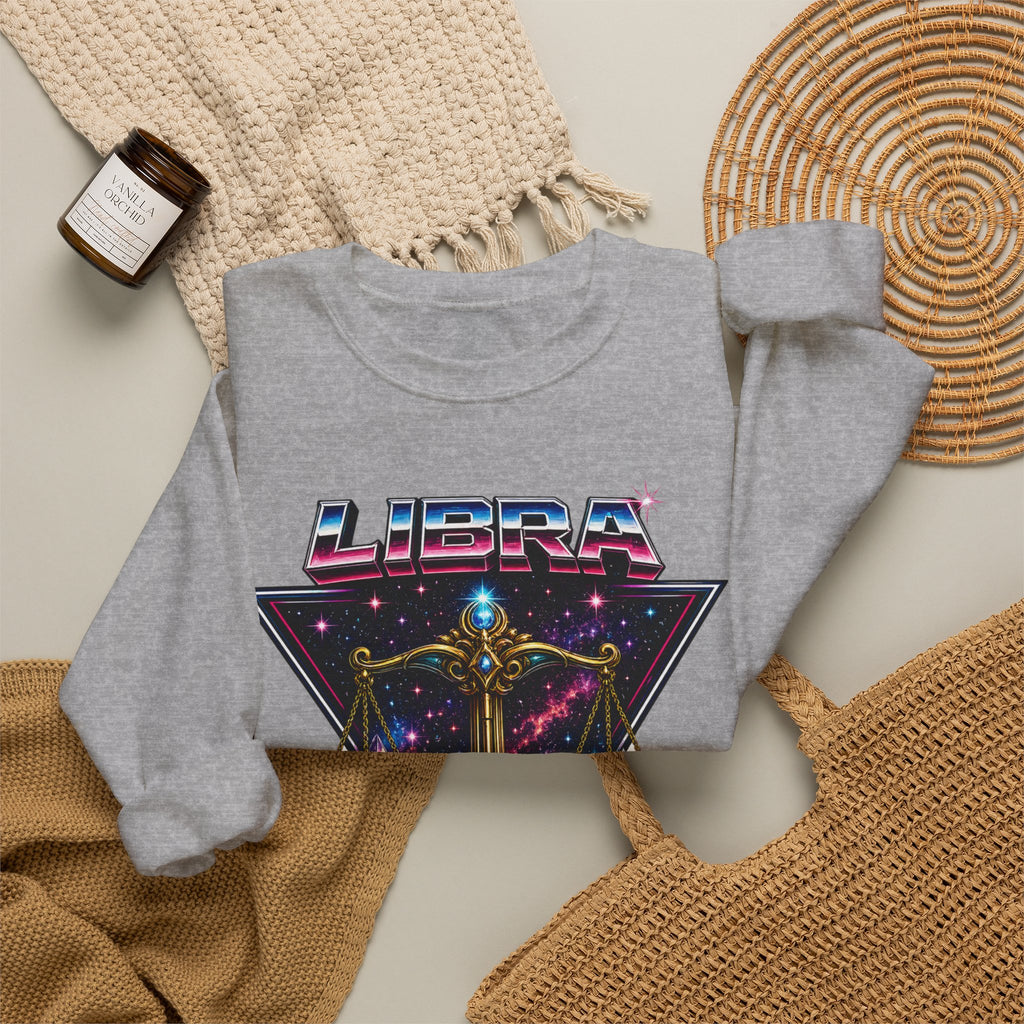 Libra Zodiac Crewneck Sweatshirt — Retro Cosmic Scales Astrology Graphic