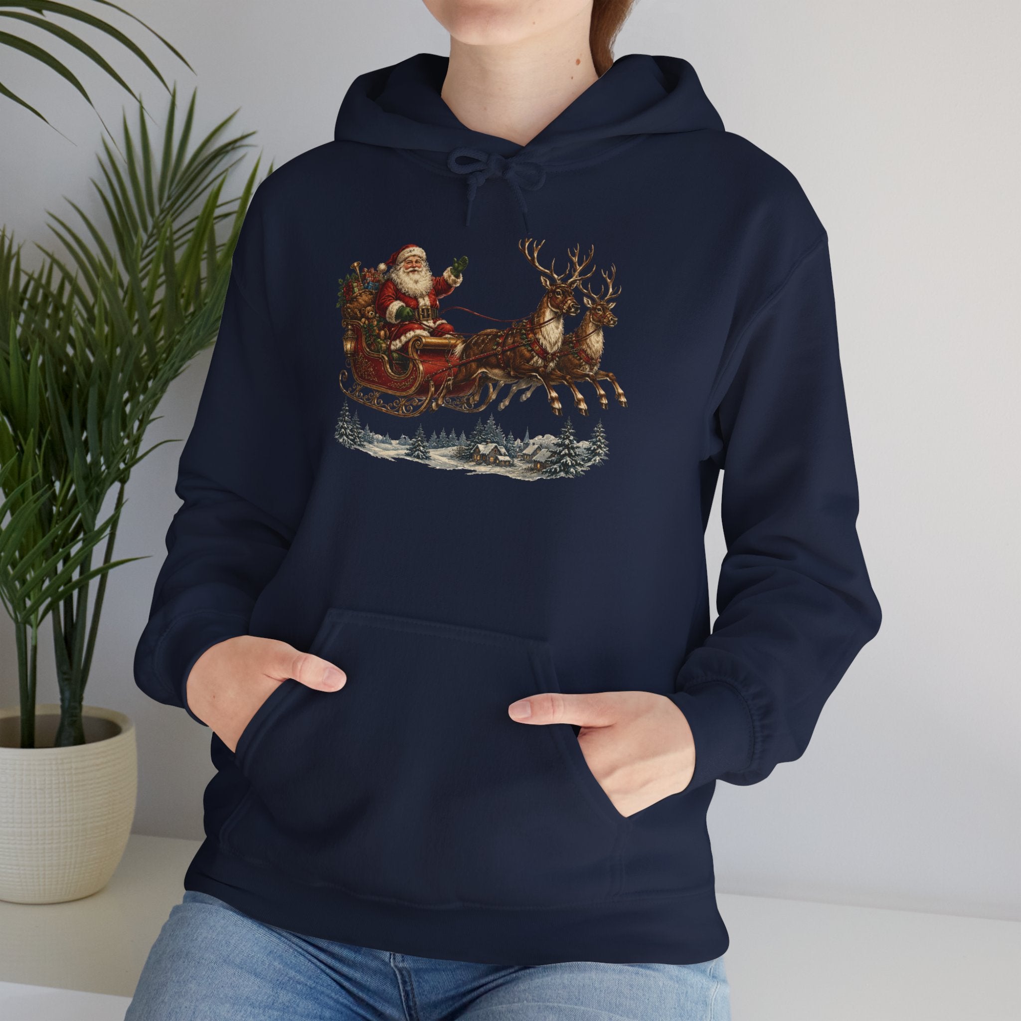 Christmas Santa Sleigh Hoodie - Vintage Santa & Reindeer Holiday Sweatshirt