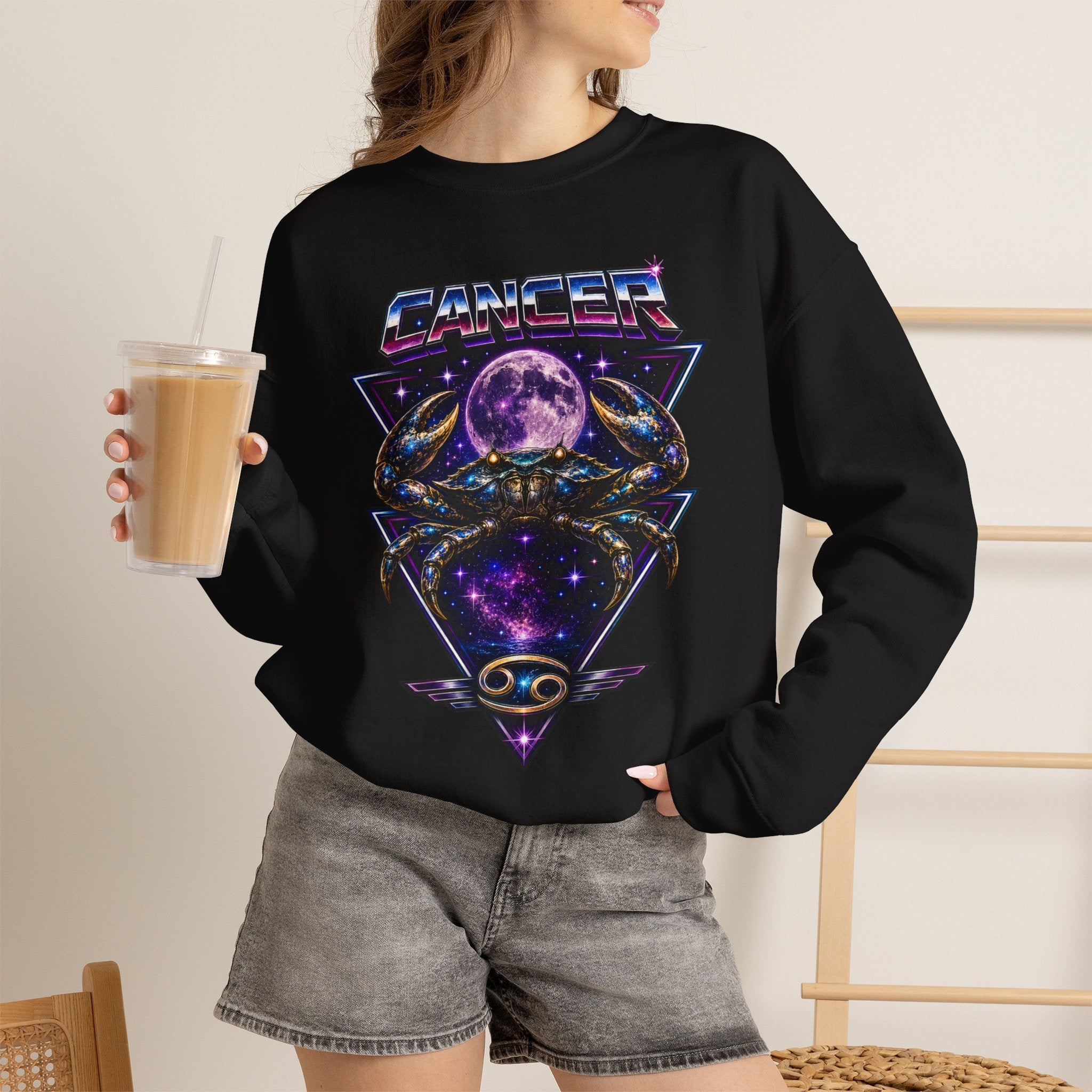 Cancer Zodiac Crewneck Sweatshirt — Retro Cosmic Crab Astrology Design