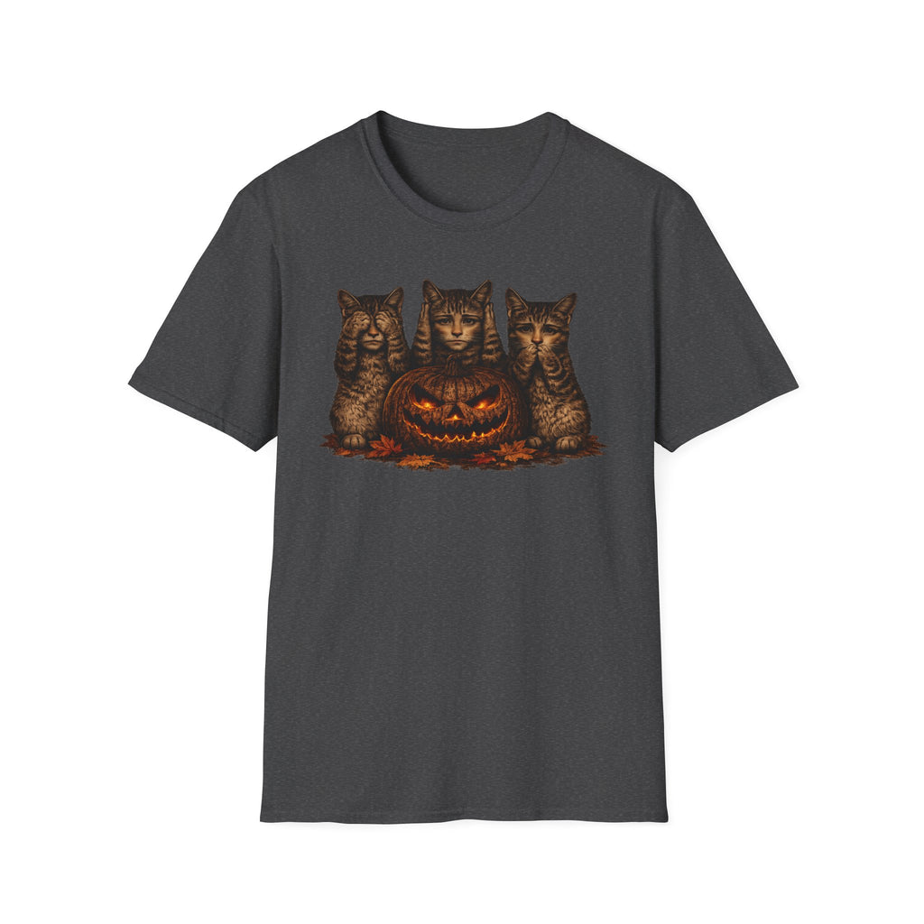 No Evil... Anthropomorphic Cat Pumpkin T-Shirt — Three Spooky Cats with Jack-O'-Lantern