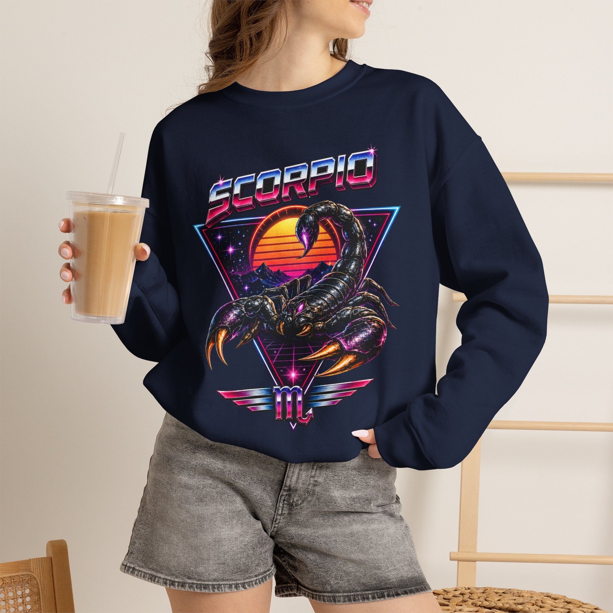 Scorpio Zodiac Crewneck Sweatshirt — Retro Sunset Scorpion Graphic