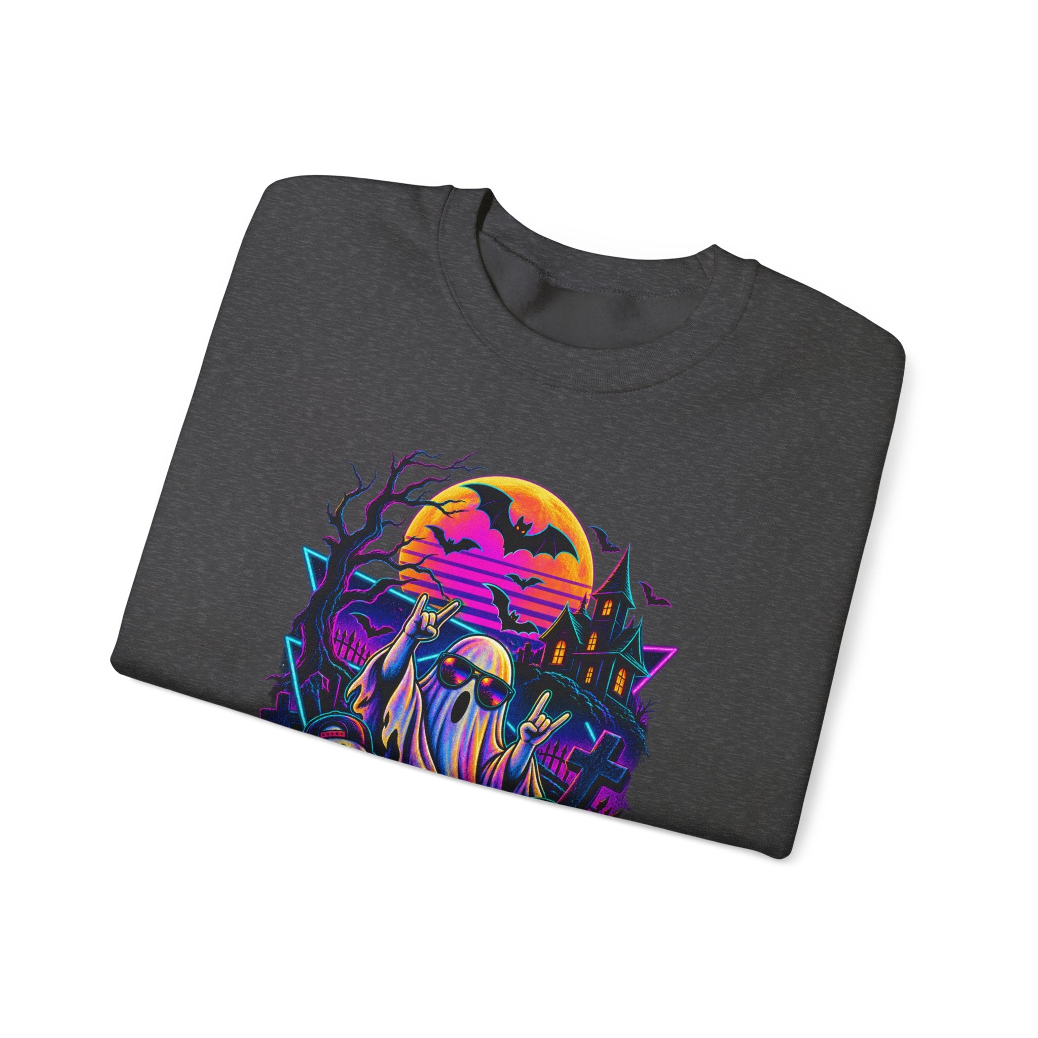 Halloween Neon Ghosts Crewneck Sweatshirt — Retro Pumpkin Haunted House Tee