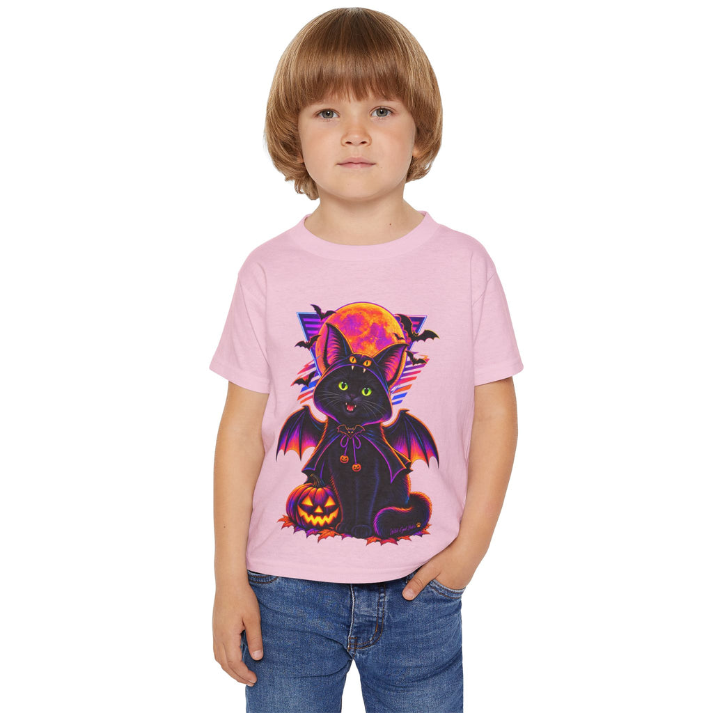 Toddler Halloween Bat Cat T-Shirt — Cute Black Cat with Pumpkin & Full Moon