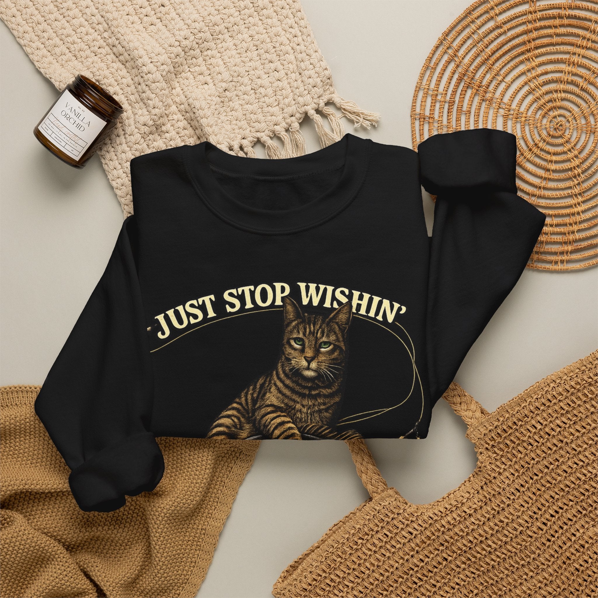 Fishing Cat Sweatshirt — "Just Stop Wishin' and Go Fishin'" Crewneck