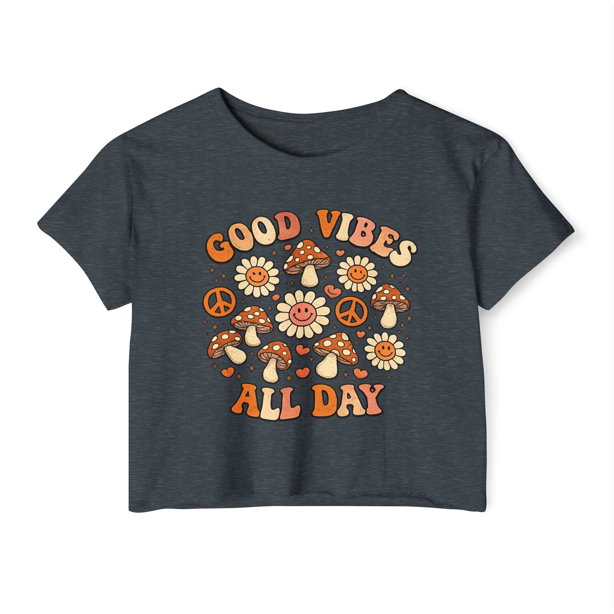 Good Vibes All Day Crop Top — Retro Mushroom & Sun Festival Tee