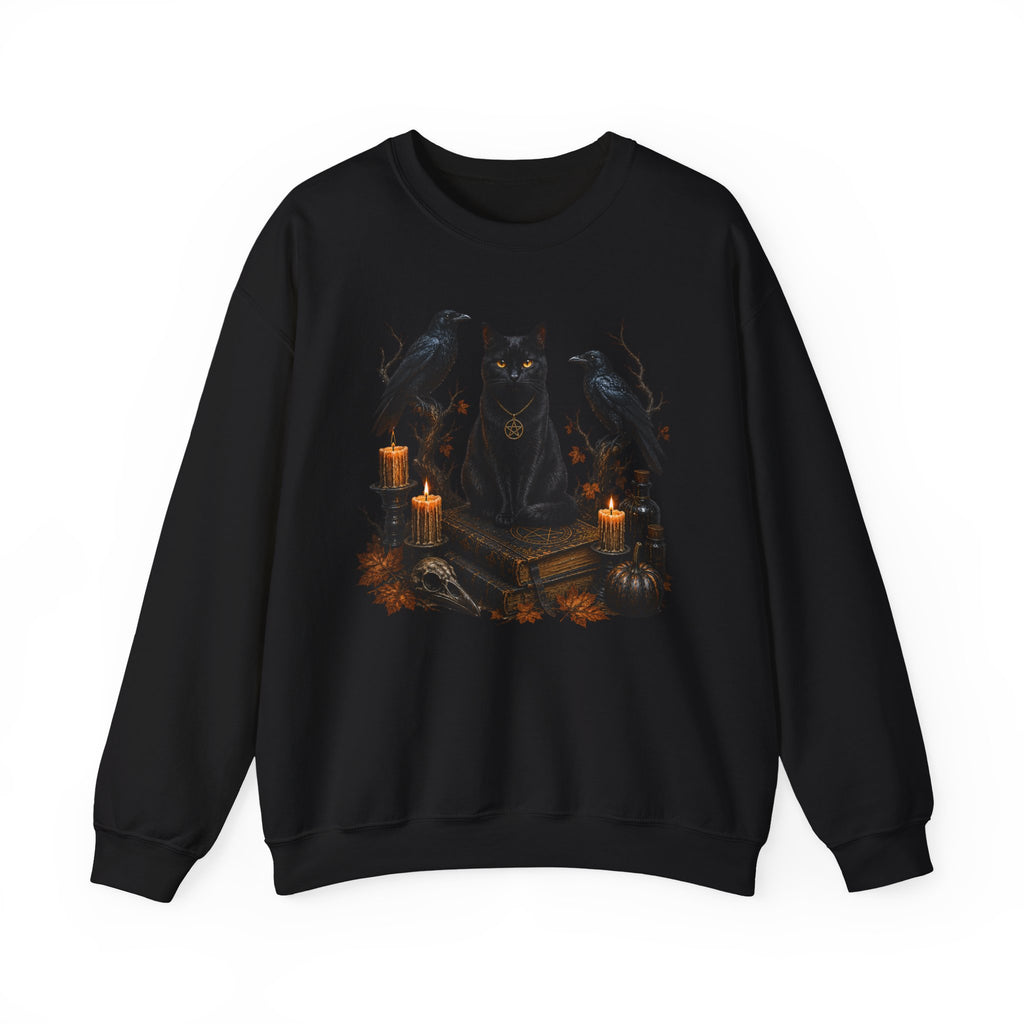 Witchy Black Cat Sweatshirt — Gothic Candle & Raven Halloween Crewneck