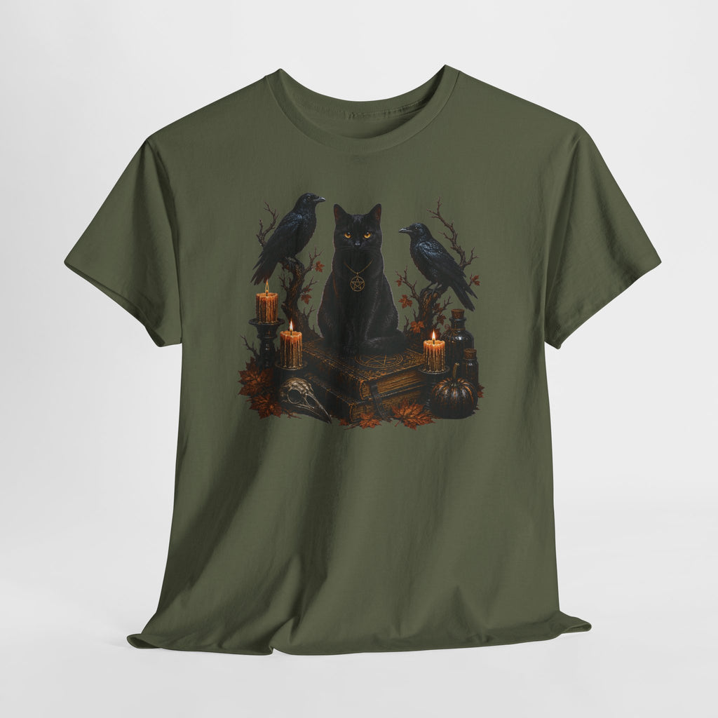 Witchy Black Cat T-Shirt — Candlelit Raven & Grimoire Gothic Tee