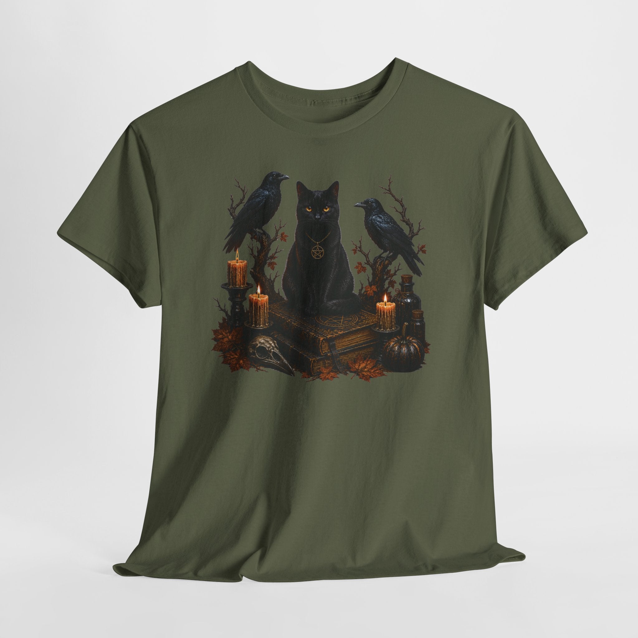 Witchy Black Cat T-Shirt — Candlelit Raven & Grimoire Gothic Tee