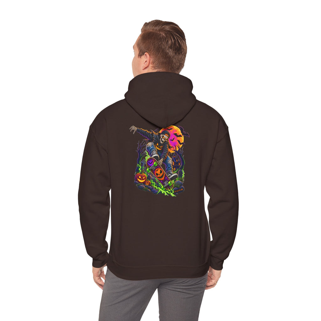 Halloween Skeleton skateboarder Hoodie — Pumpkin Patch Horror Graphic Sweatshirt