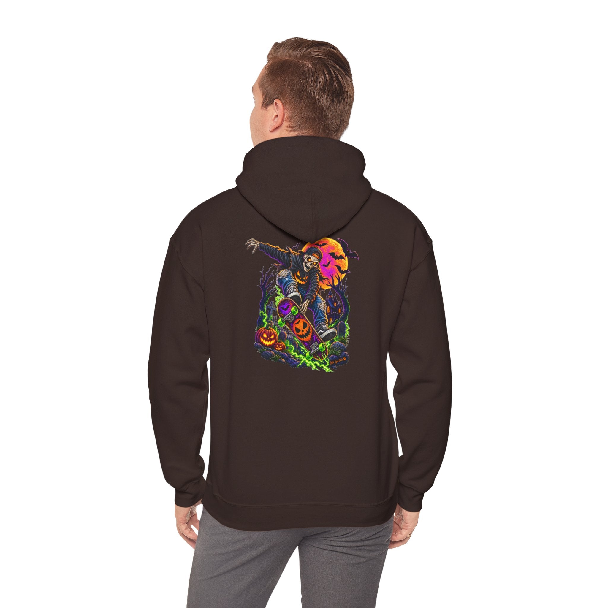 Halloween Skeleton skateboarder Hoodie — Pumpkin Patch Horror Graphic Sweatshirt