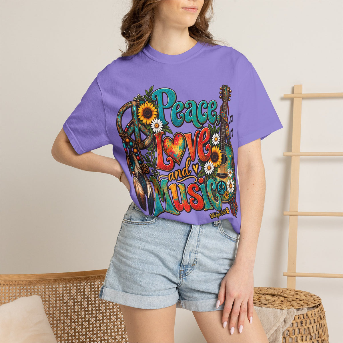 Peace, Love & Music Graphic T-Shirt — Retro Hippie Guitar Sunflower Tee