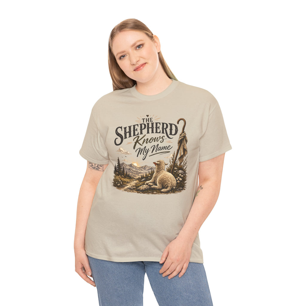 The Shepherd Knows My Name T‑Shirt — Christian Faith Tee with Shepherd & Sheep Design
