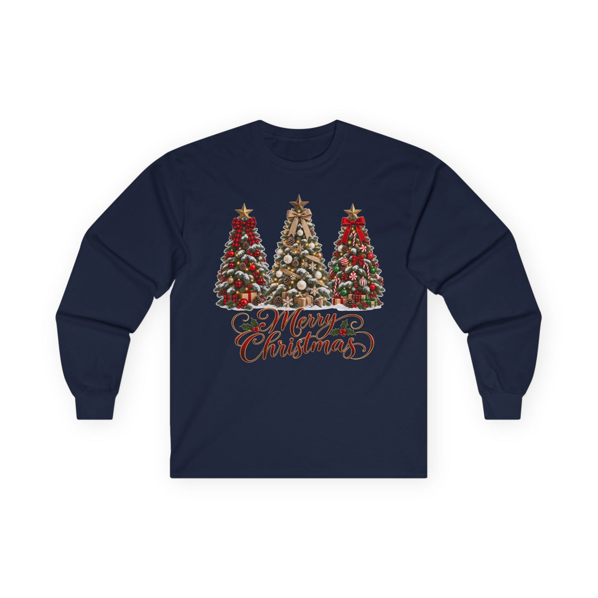 Long Sleeve Tee — Festive 'Merry Christmas' Triple Tree Holiday Graphic