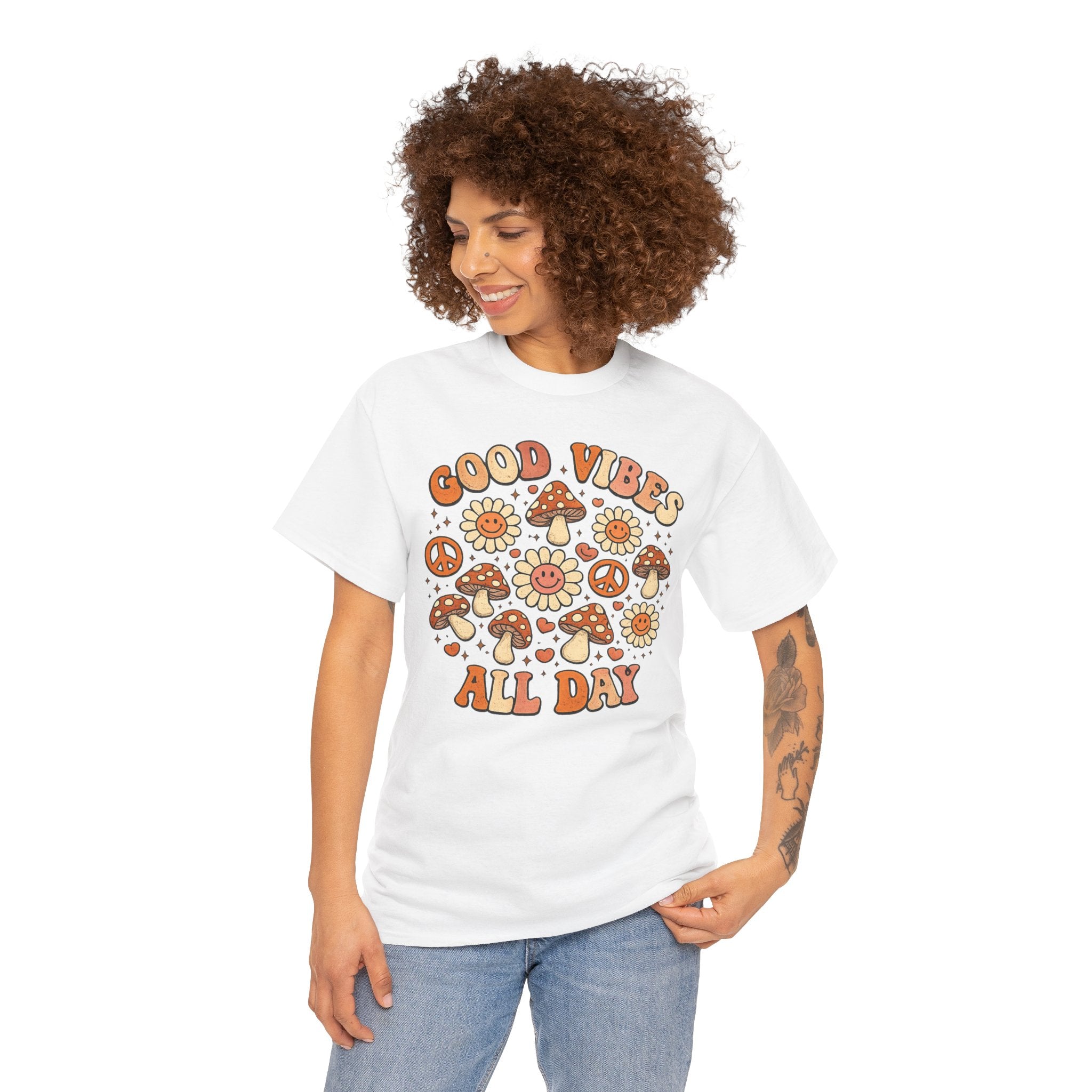 Boho-Good Vibes All Day T-Shirt — Retro Mushroom & Daisy Graphic Tee