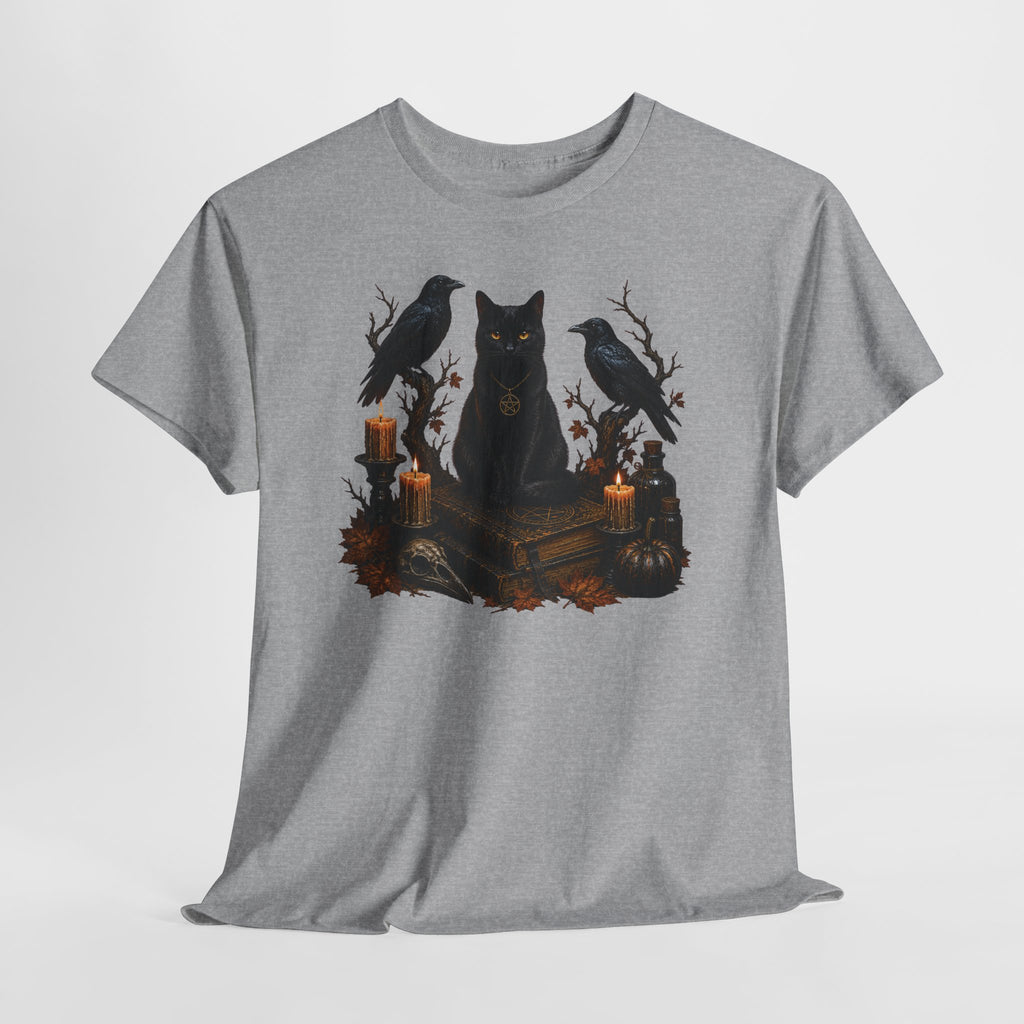 Witchy Black Cat T-Shirt — Candlelit Raven & Grimoire Gothic Tee