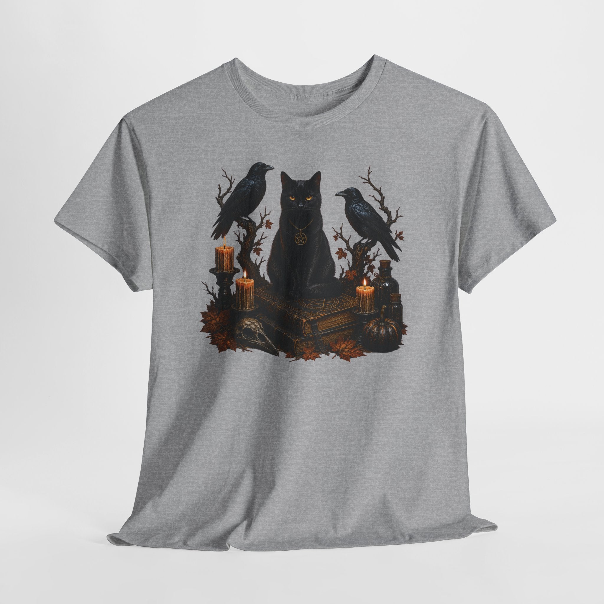Witchy Black Cat T-Shirt — Candlelit Raven & Grimoire Gothic Tee