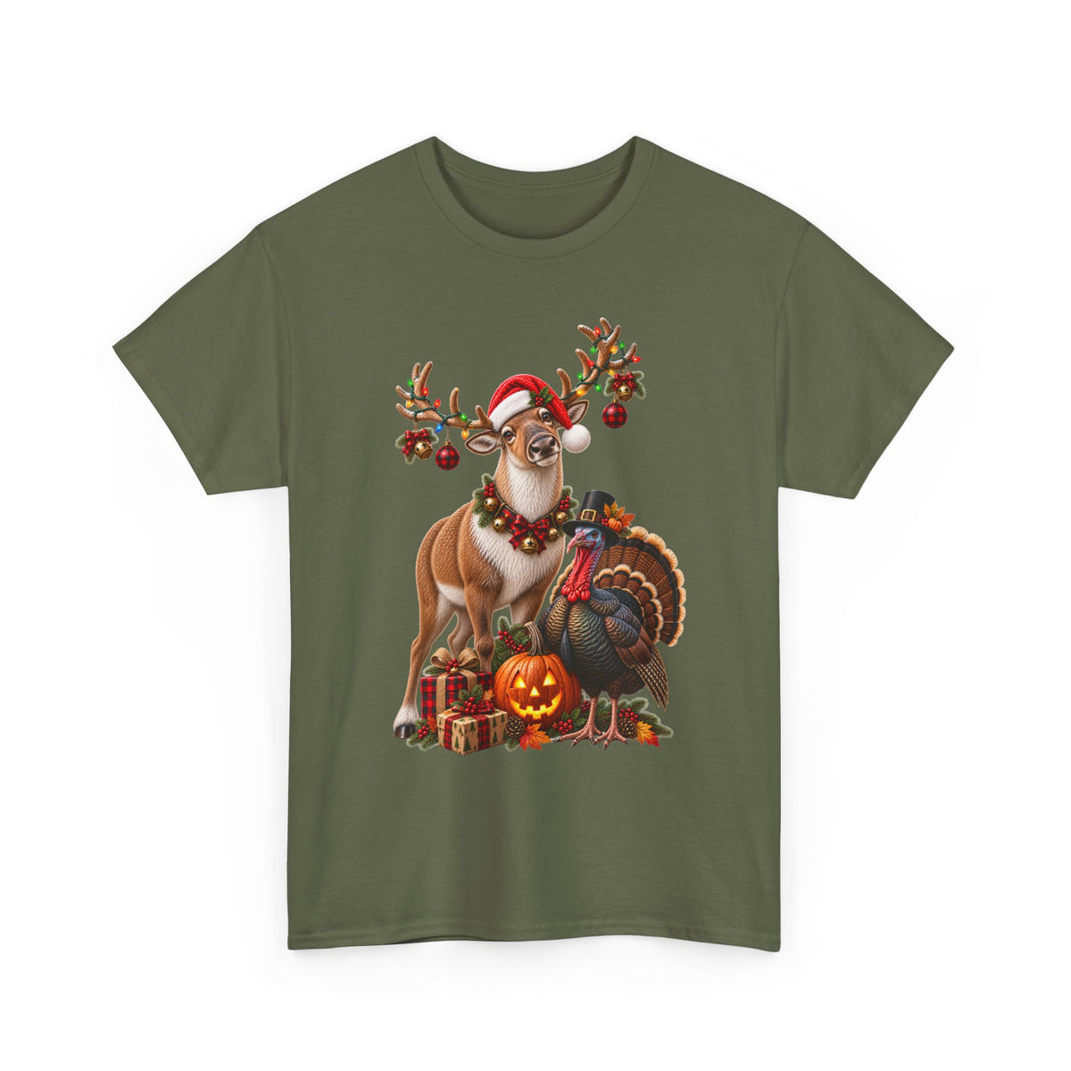 Holiday Mashup Tee — Reindeer with Turkey, Santa Hat & Jack-O’-Lantern