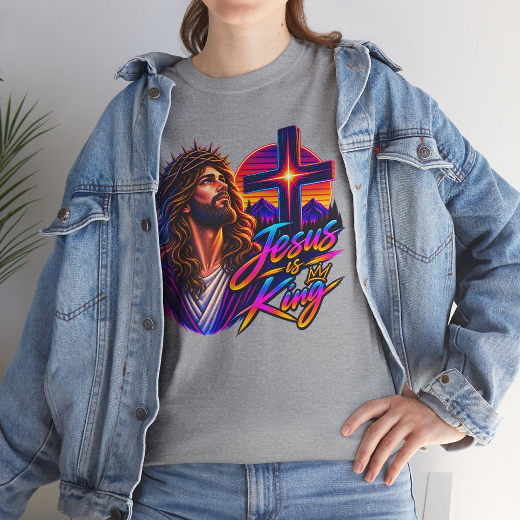 Jesus Is King T-Shirt — Neon Portrait Cross Christian Tee