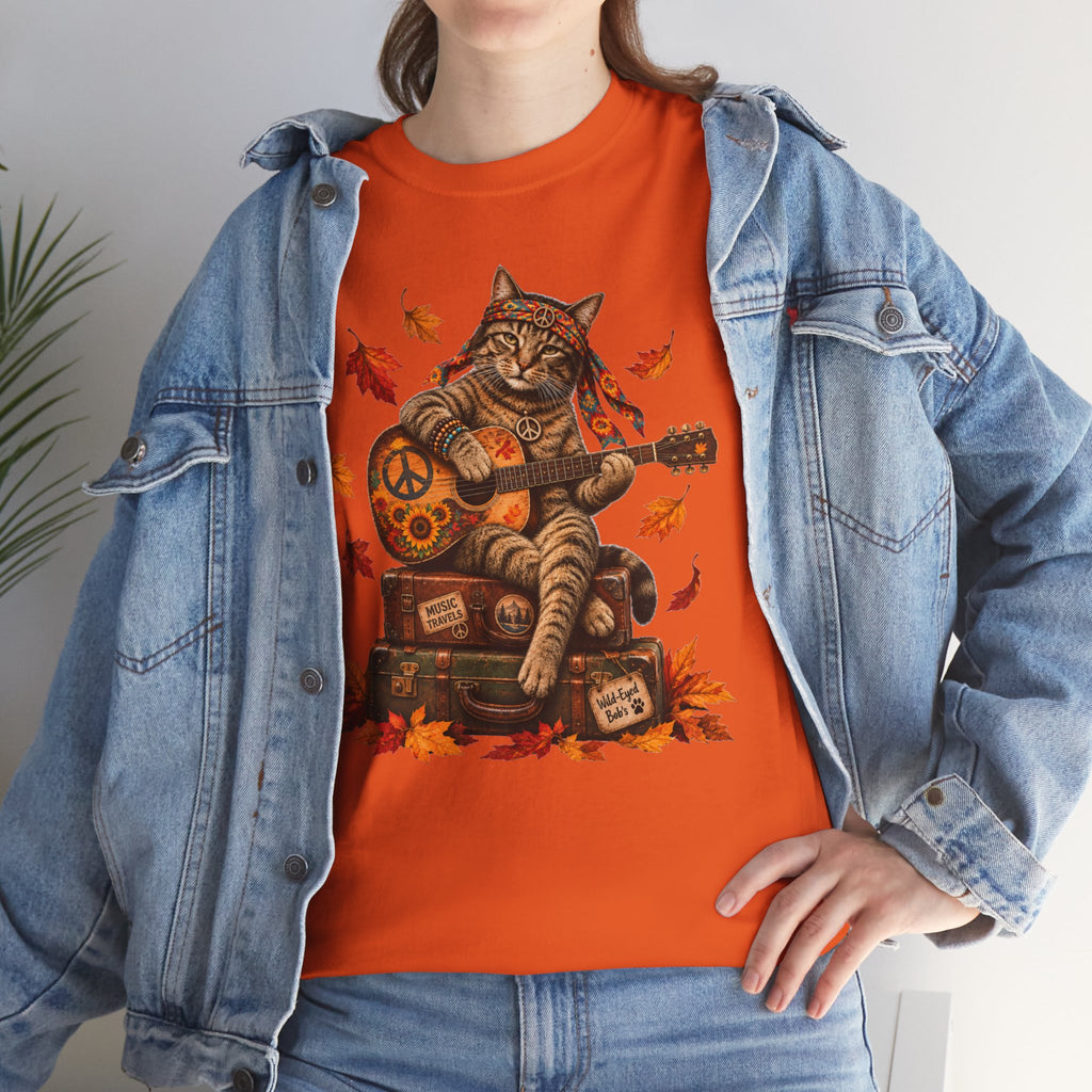 Boho  Cat Guitar T-Shirt - Hippie cat fall shirt, Peace Love Music Tee
