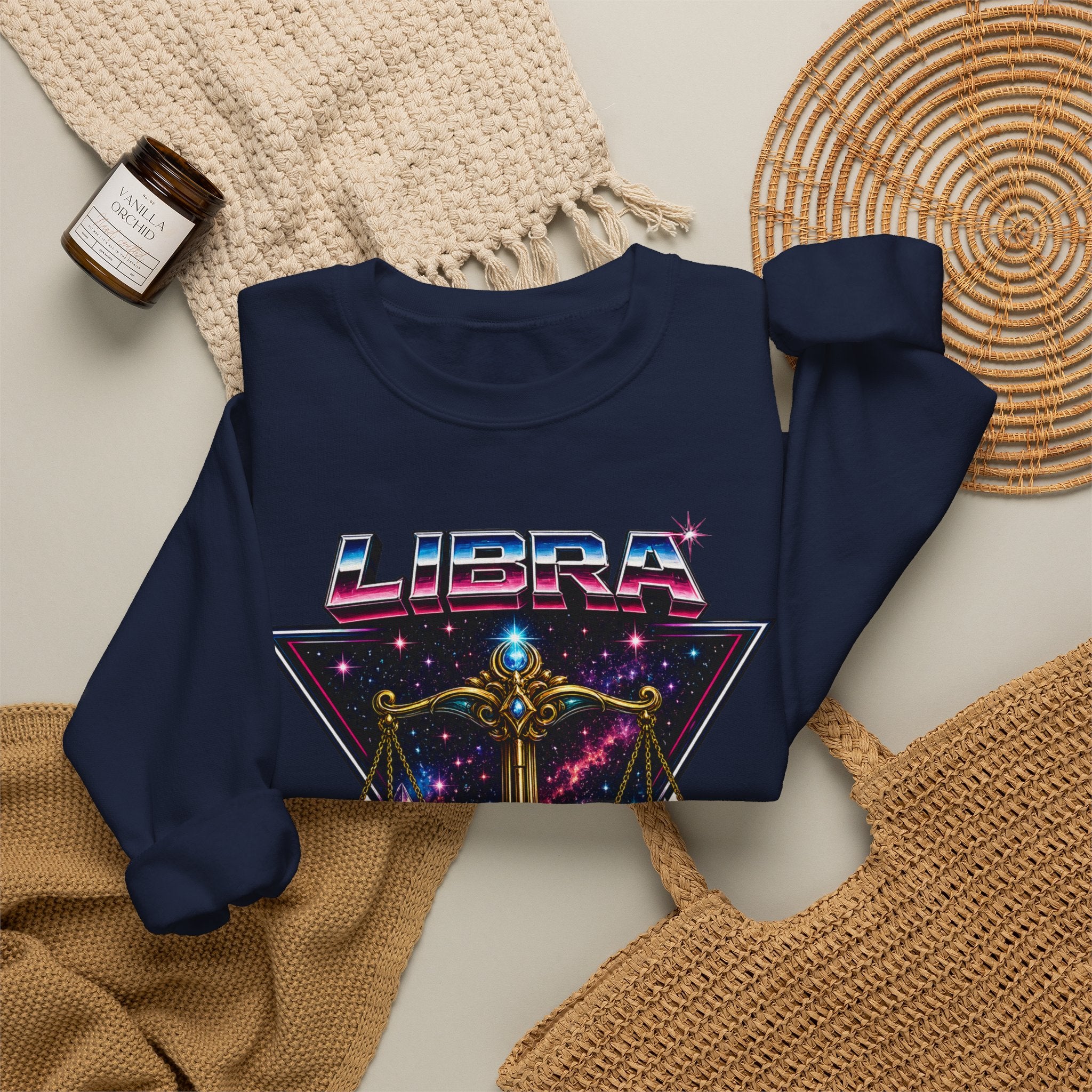 Libra Zodiac Crewneck Sweatshirt — Retro Cosmic Scales Astrology Graphic