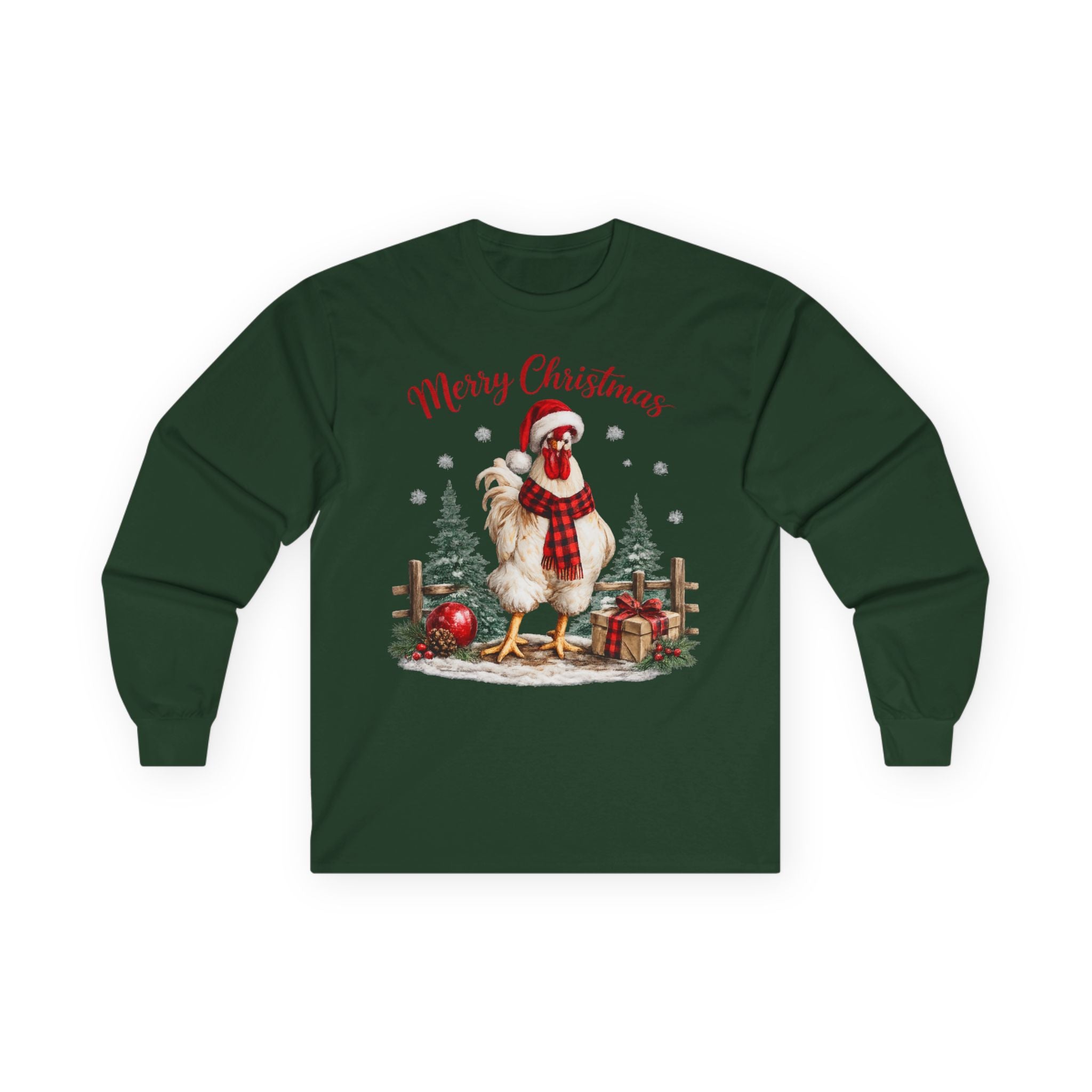 Christmas Rooster Long Sleeve Tee — “Merry Christmas” Holiday Duck with Scarf & Gifts