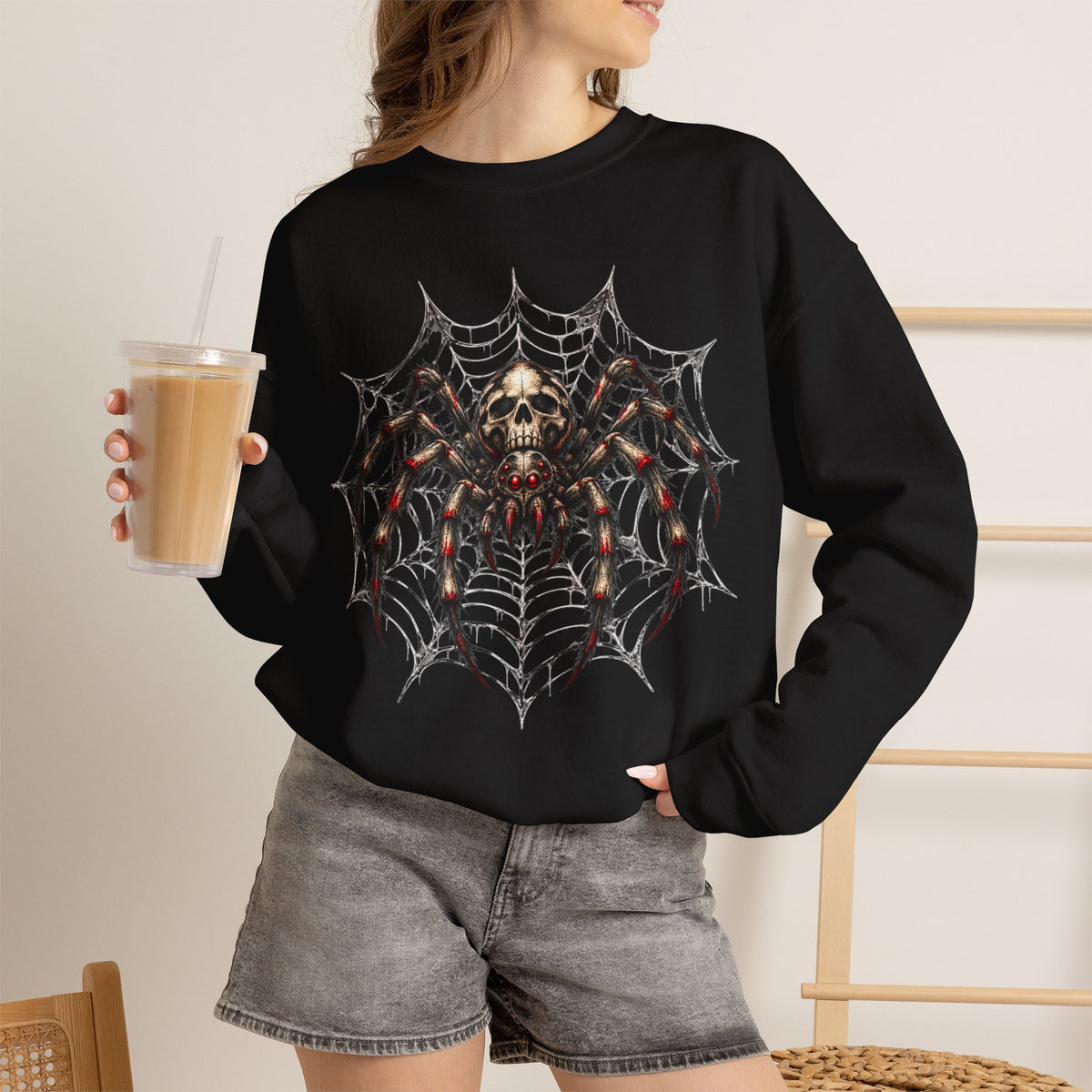 Skull Spiderweb Crewneck Sweatshirt — Gothic Halloween Graphic Sweater
