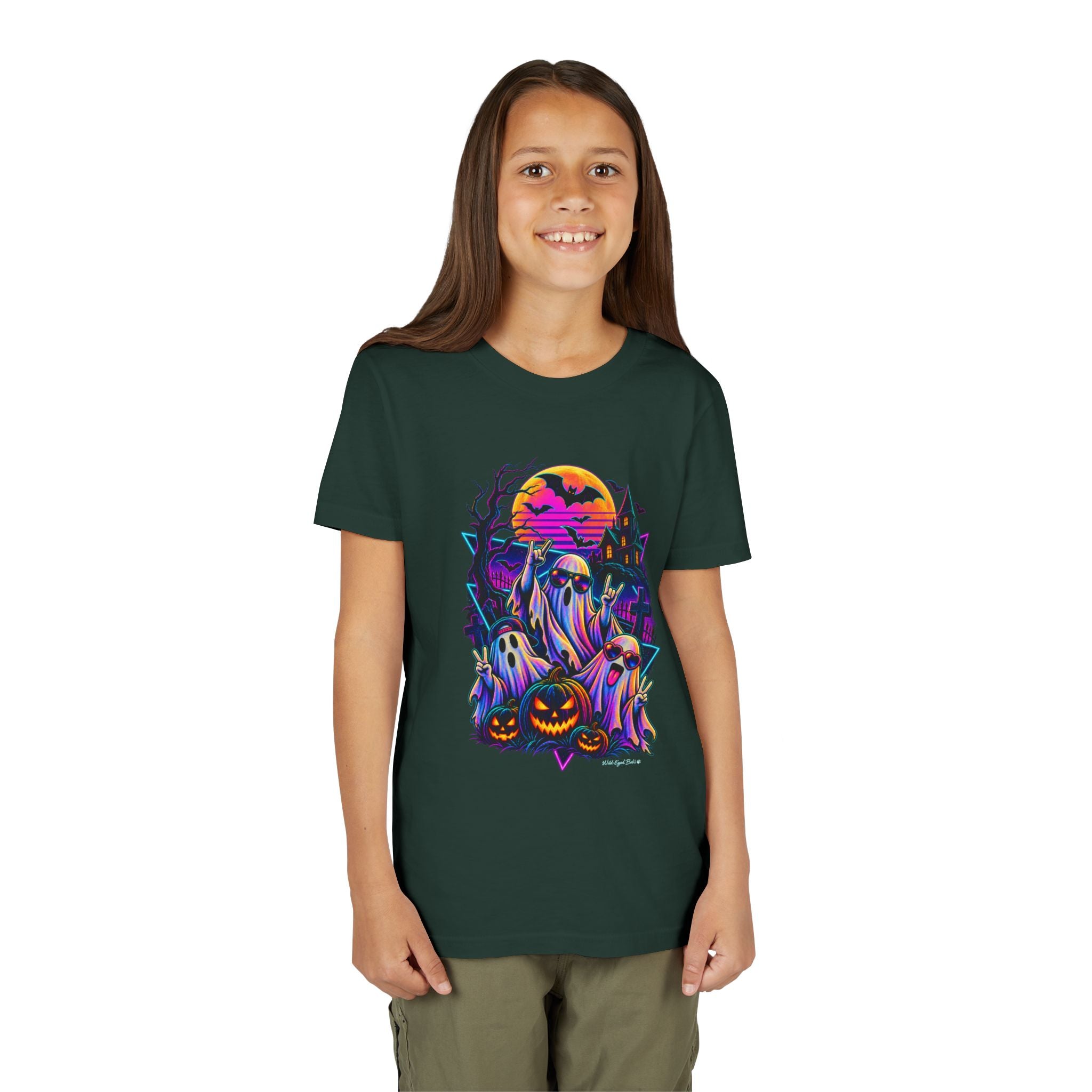 Youth Halloween Ghosts T‑Shirt — Neon Retro Pumpkin Tee