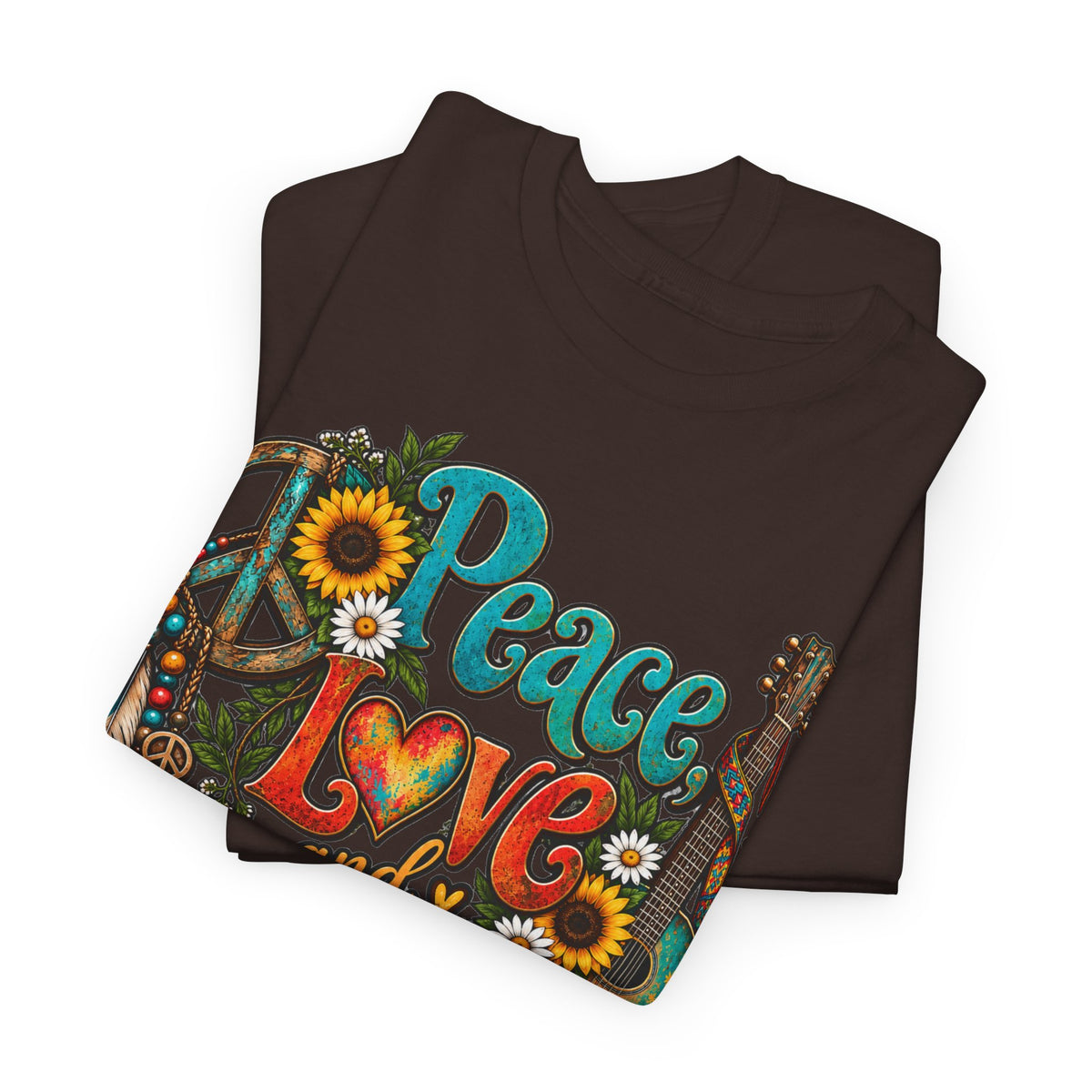 Peace Love Music T-Shirt — Retro Hippie Sunflower Graphic Tee