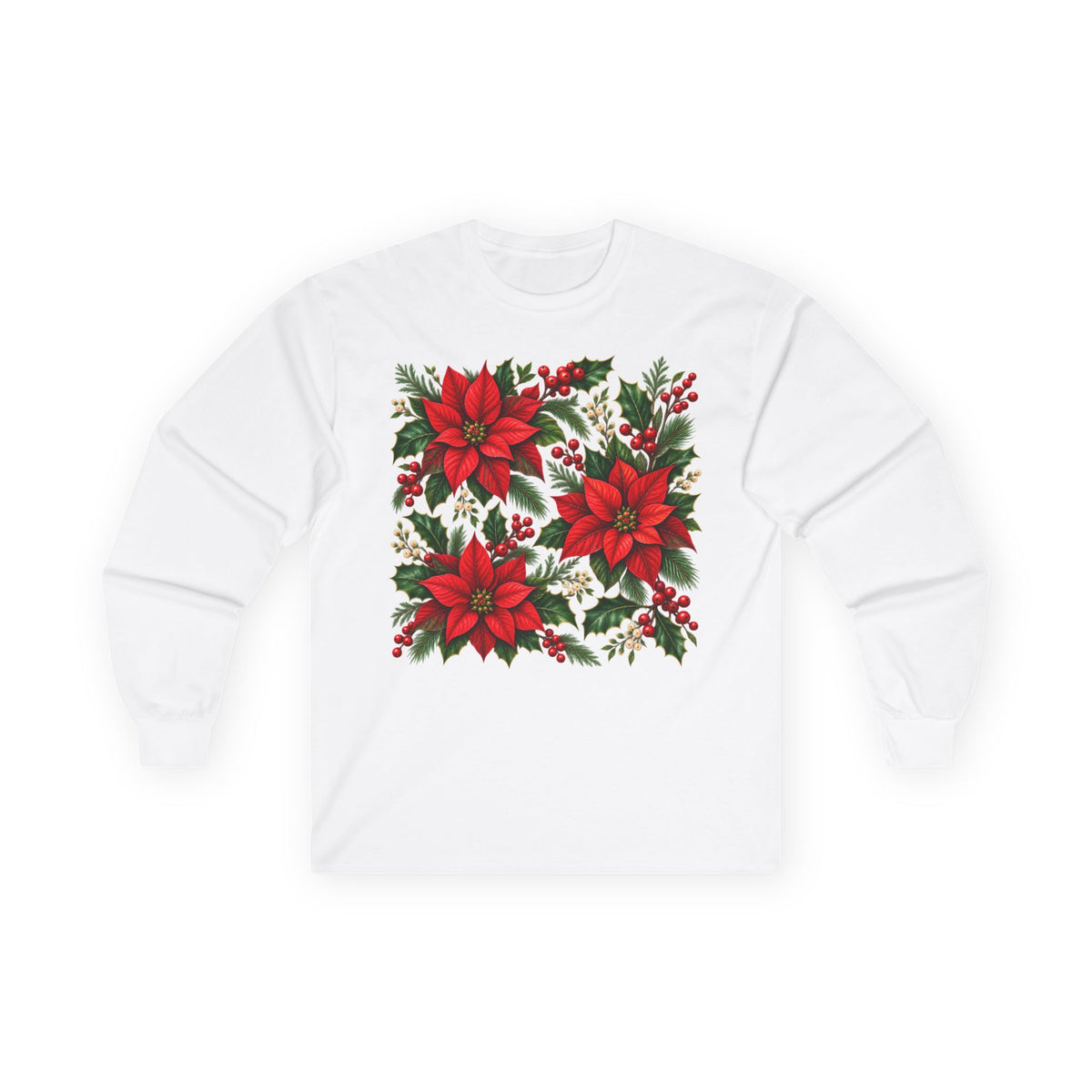 Poinsettia Holiday Long Sleeve Tee — Christmas Floral Sweater Alternative