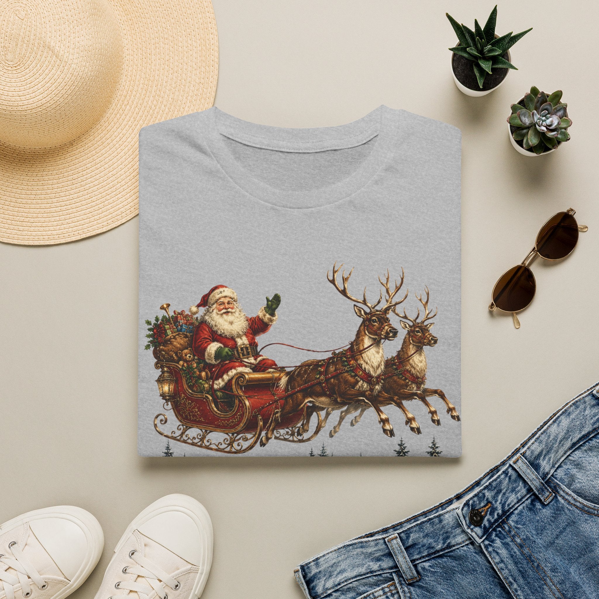 Santa Sleigh T-Shirt — Vintage Christmas Reindeer Holiday Tee