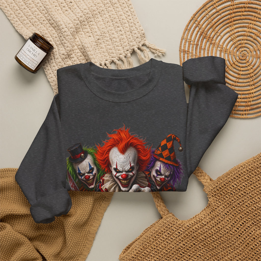 Creepy Clown Halloween Sweatshirt — Scary Trio with Jack-O'-Lantern