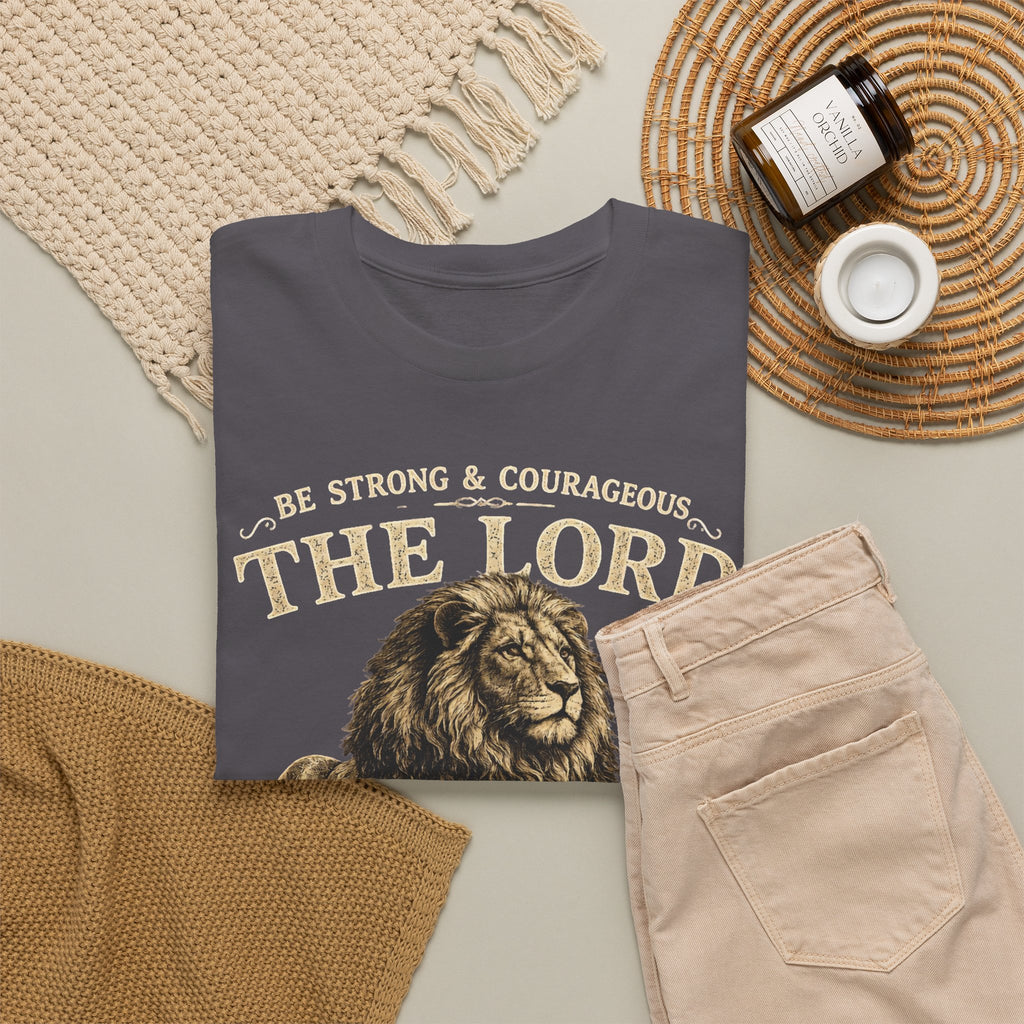 Christian Lion T-Shirt — "Be Strong & Courageous: The Lord Your God" Faith Tee