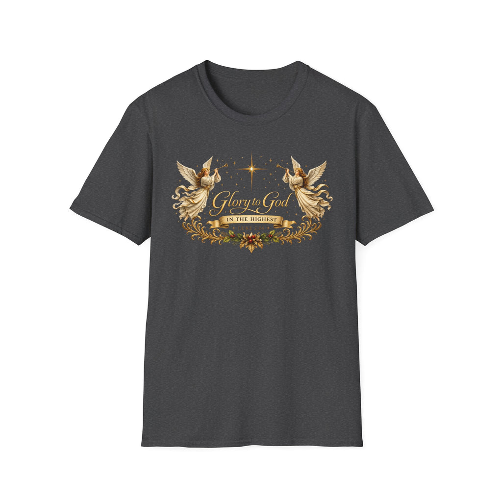 Glory to God Angel Christmas T-Shirt — "In the Highest" Nativity Holiday Tee