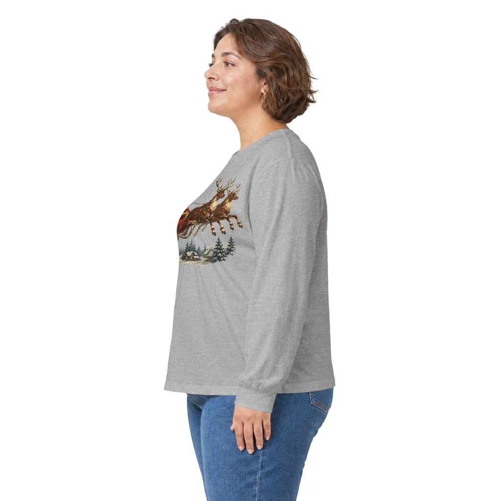 Santa Sleigh Long Sleeve Tee — Vintage Christmas Reindeer Shirt