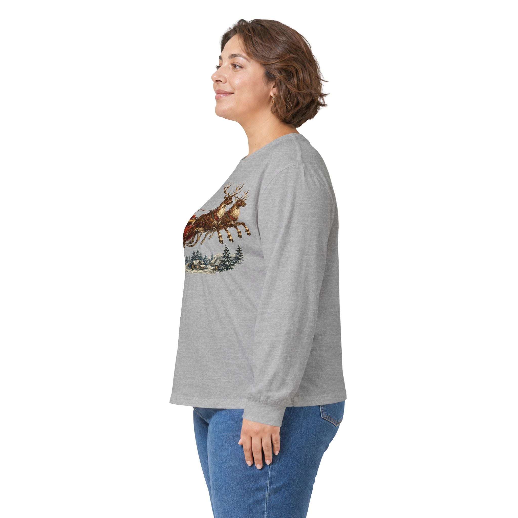 Santa Sleigh Long Sleeve Tee — Vintage Christmas Reindeer Shirt