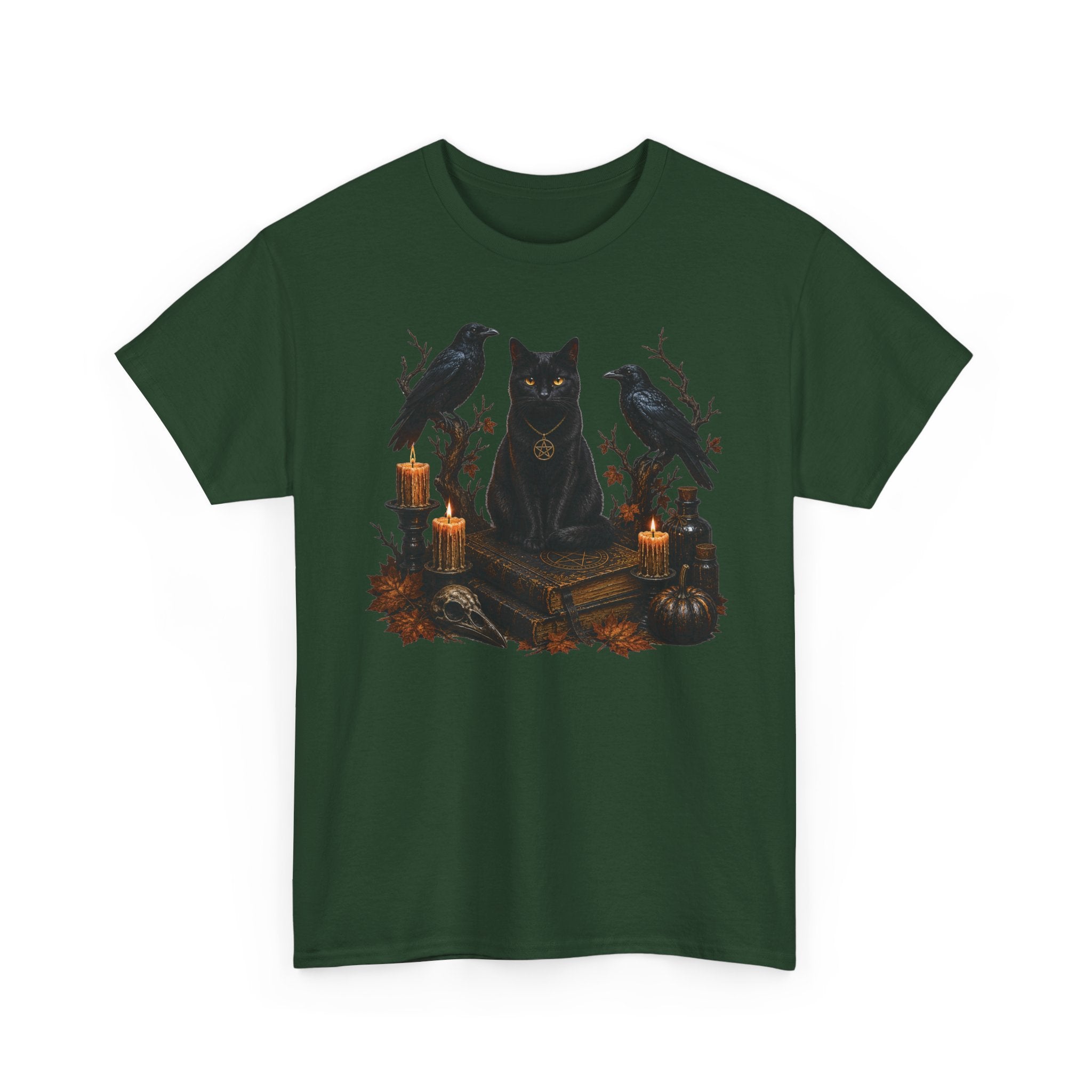 Witchy Black Cat T-Shirt — Candlelit Raven & Grimoire Gothic Tee