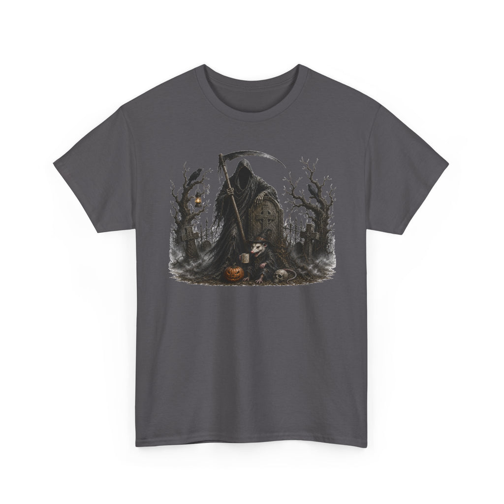 Grim Reaper Halloween T-Shirt — Dark Scythe & Pumpkins Graphic Tee