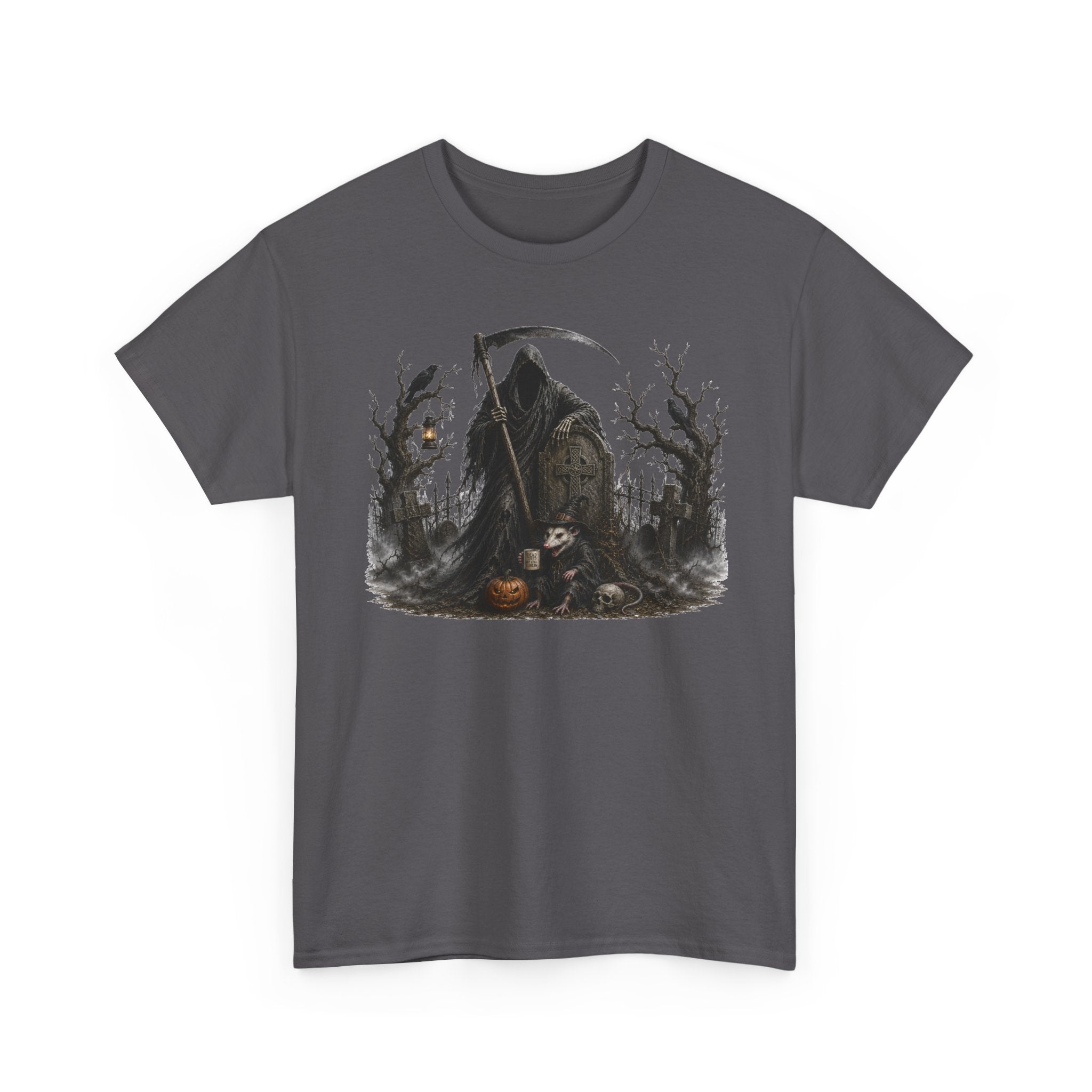 Grim Reaper Halloween T-Shirt — Dark Scythe & Pumpkins Graphic Tee