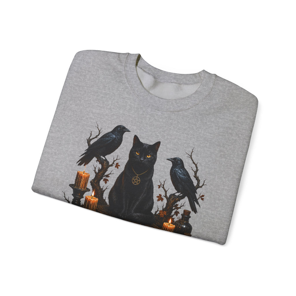 Witchy Black Cat Sweatshirt — Gothic Candle & Raven Halloween Crewneck