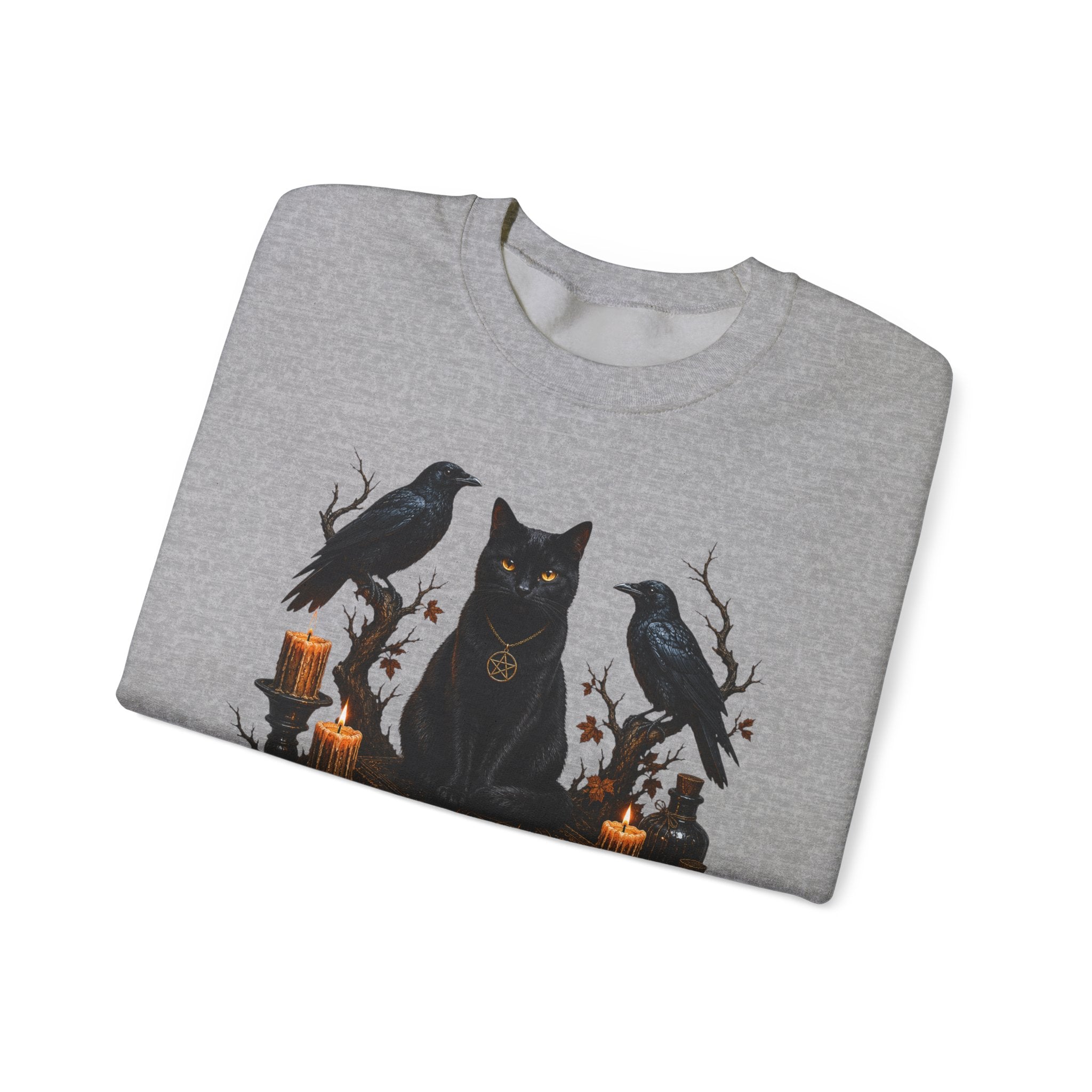 Witchy Black Cat Sweatshirt — Gothic Candle & Raven Halloween Crewneck
