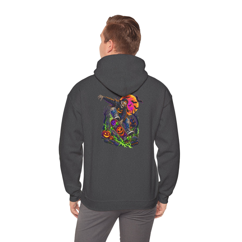 Halloween Skeleton skateboarder Hoodie — Pumpkin Patch Horror Graphic Sweatshirt