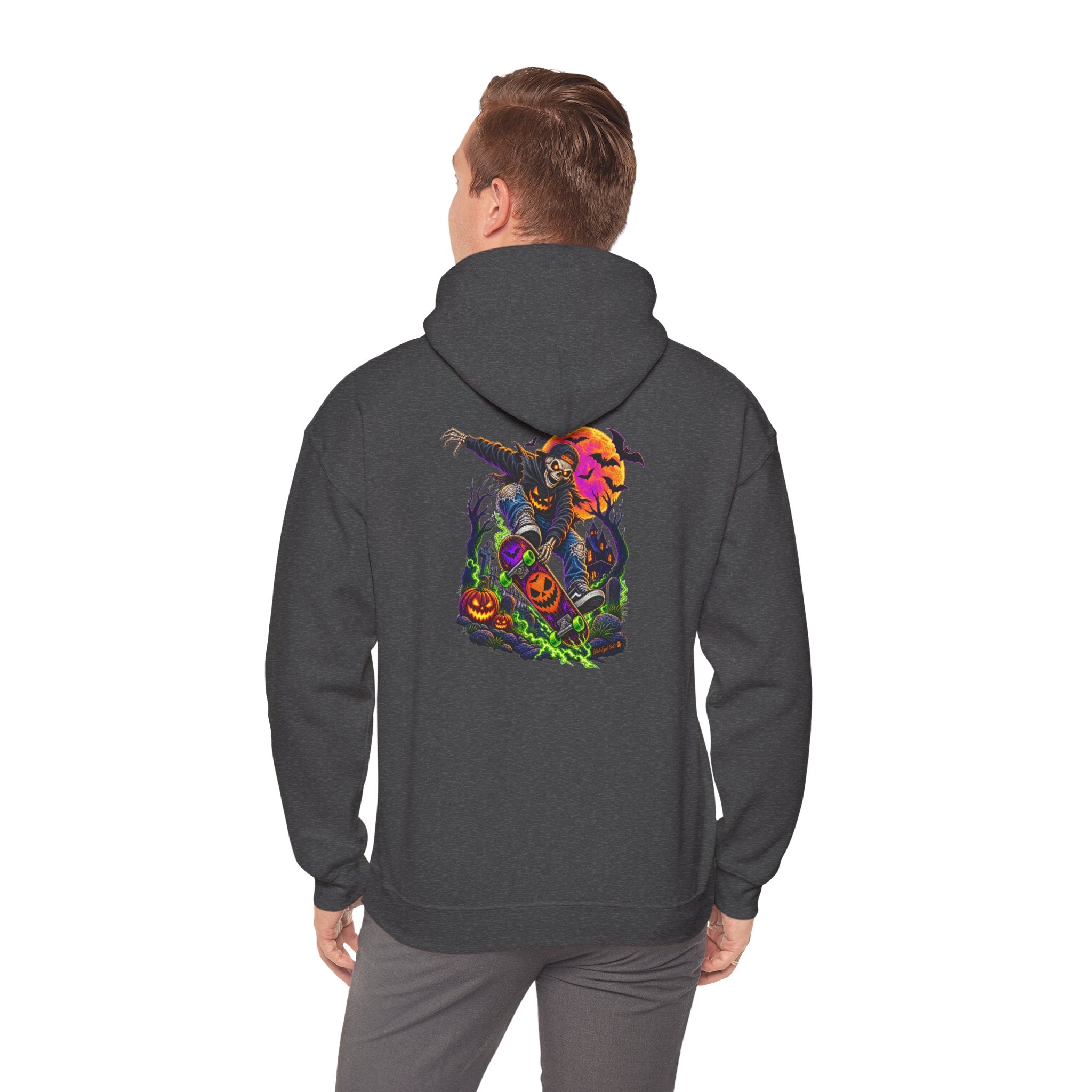 Halloween Skeleton skateboarder Hoodie — Pumpkin Patch Horror Graphic Sweatshirt