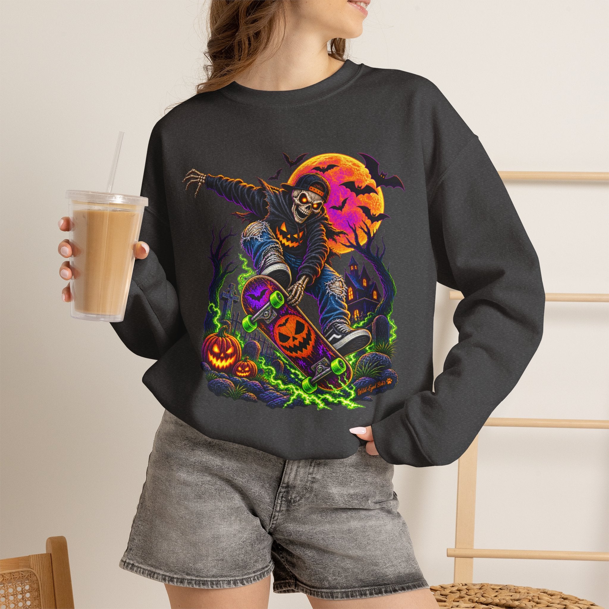 Halloween Skeleton Graveyard Sweatshirt — Spooky Pumpkin & Bats Crewneck