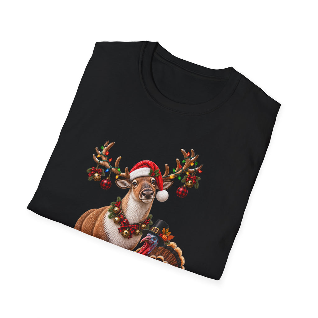 Three Holidays-One Shirt - Christmas Reindeer ,Turkey & Jack O Lantern Graphic T‑Shirt