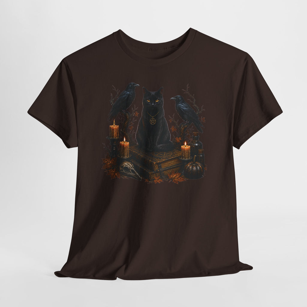 Witchy Black Cat T-Shirt — Candlelit Raven & Grimoire Gothic Tee