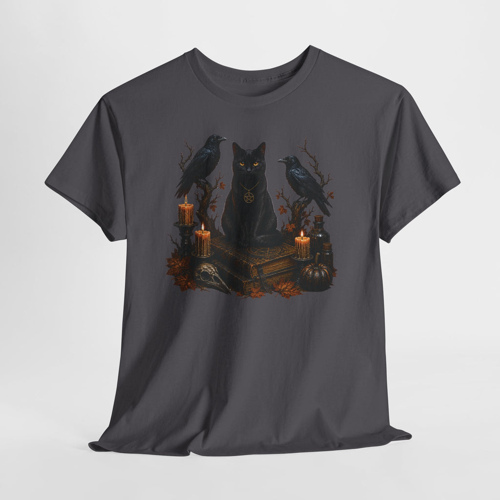Witchy Black Cat T-Shirt — Candlelit Raven & Grimoire Gothic Tee